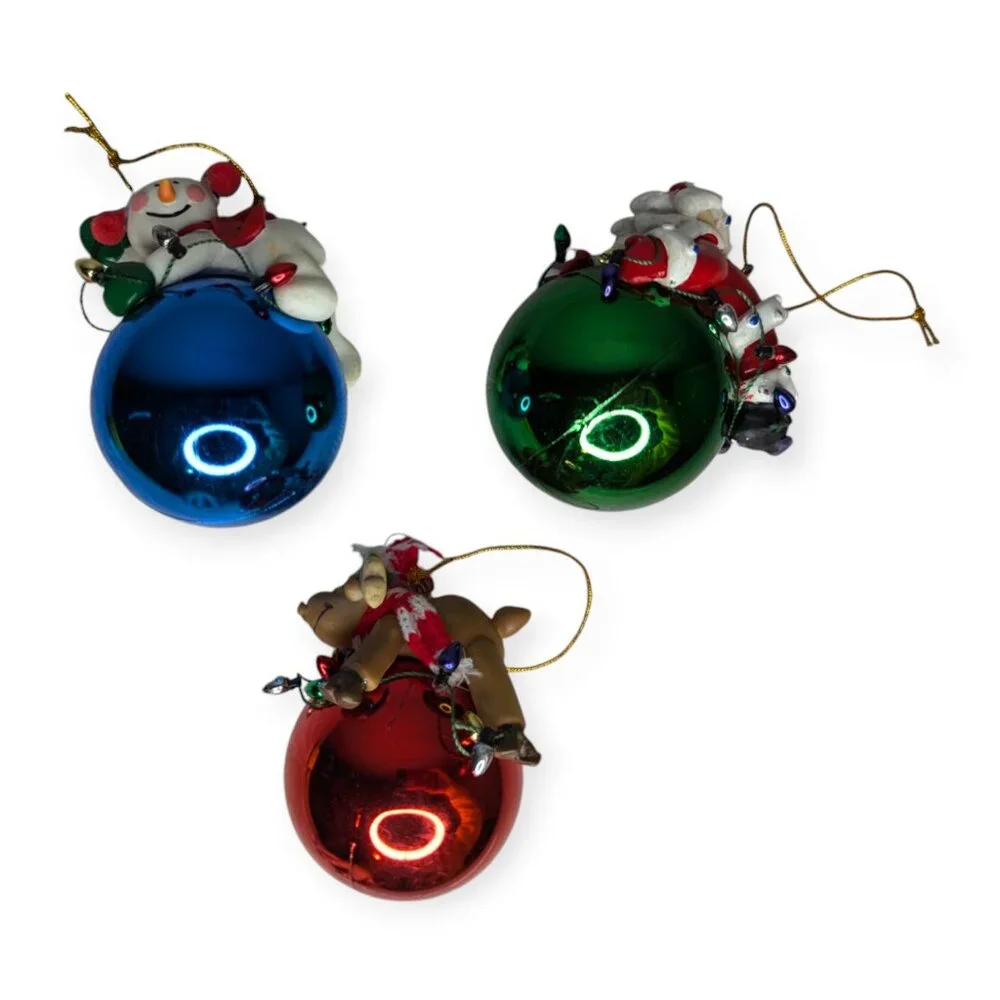CWO Set 3 Clay Christmas Ornaments Santa Snowman Reindeer Red Blue Green Plastic